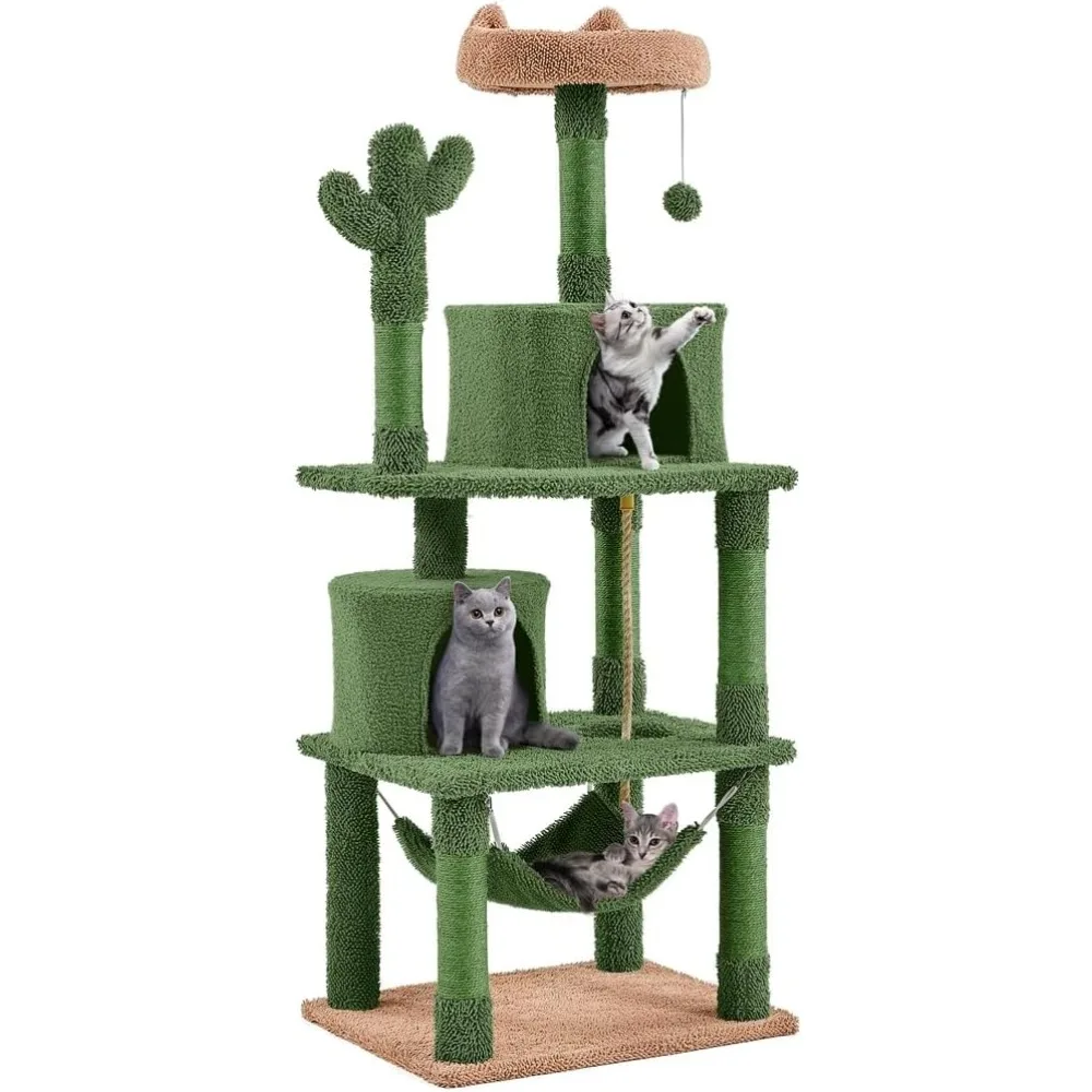 

62" Cactus Cat Tower with Multi-Level Condo, Scratching Posts, Hammock, and Ball