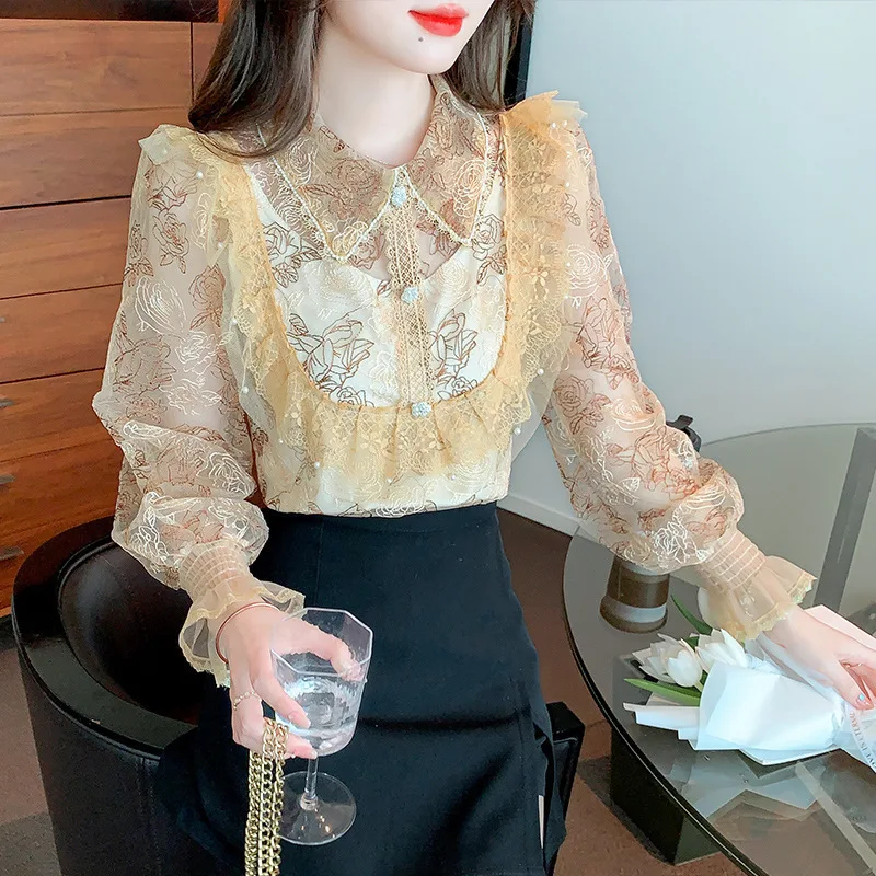 #2574 Lace Blouse Women Split Joint Long Sleeve Perspective Mesh Embroidery Vintage Blouse Femme Thin France Style Sexy Spring