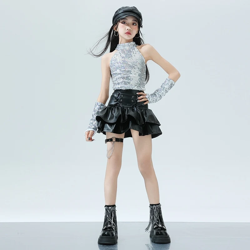 Kid's Hip Hop Dancing Set Girl's Street K POP Performance Costume Jazz Dance School Team Outfit Silvery Vest Black Skirt XH1512