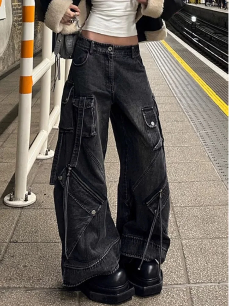 2024 estilo punk y2k streetwear lavado preto baggy carga calças jeans para mulheres roupas de grife perna larga senhora calças ropa mujer