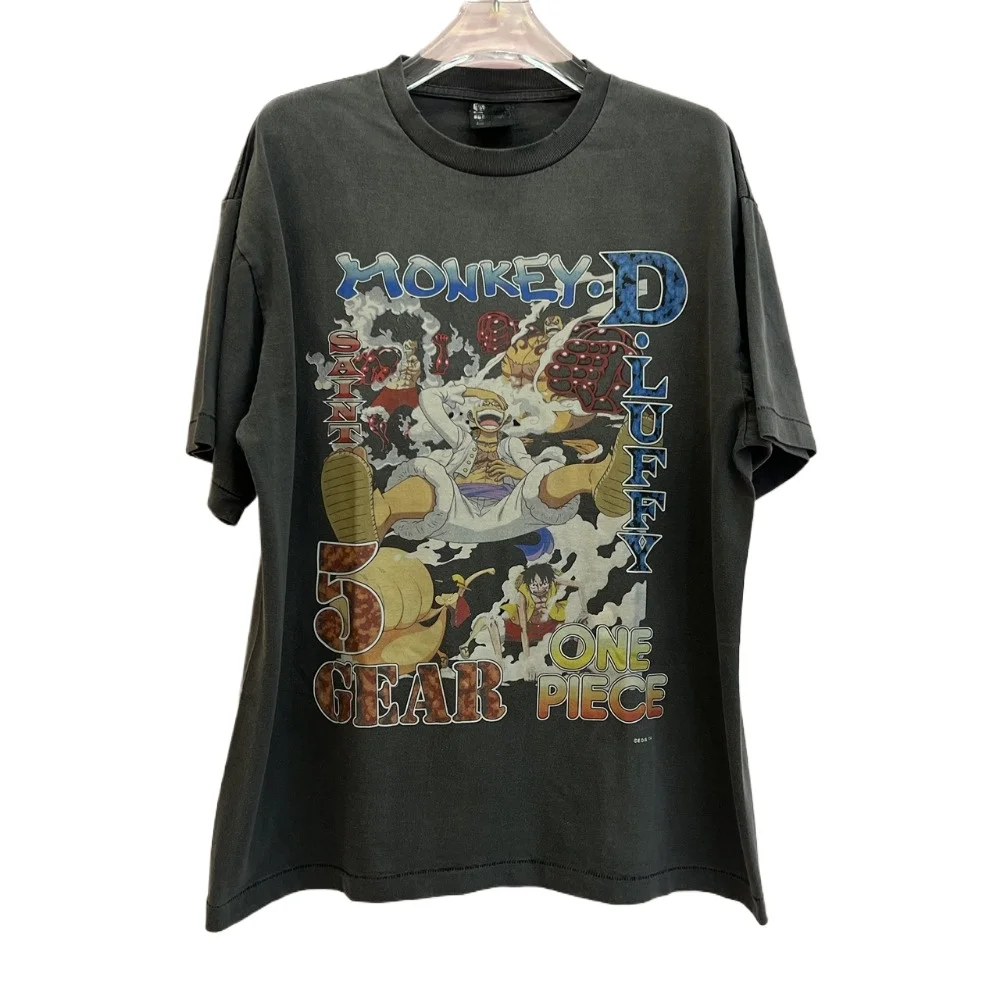 NIGO Men's Anime Printed Washed Vintage Grey Short Sleeve Round Neck Top High Street Trend Casual T-shirt Tee #NGTOP11632