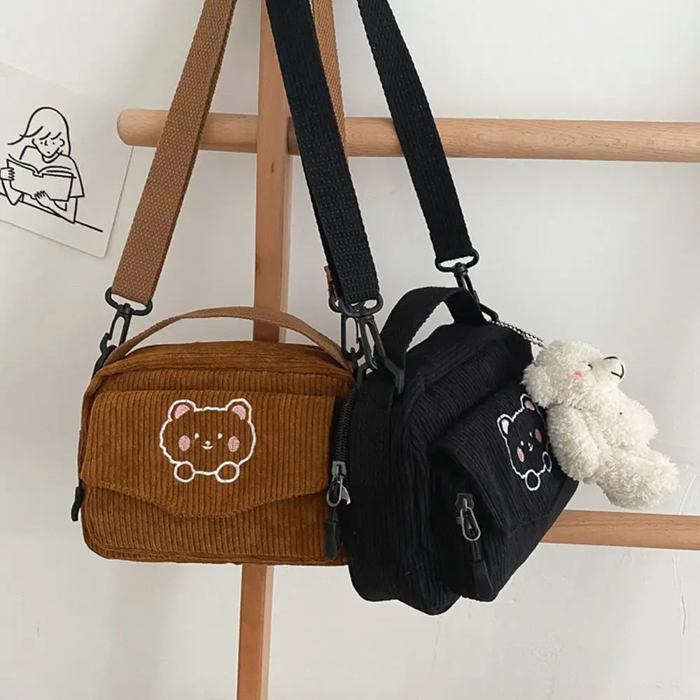 Fashion Women Corduroy Cartoon Bear Print Shoulder Bags Student Tote Messenger Bag Satchel Travel Handbags