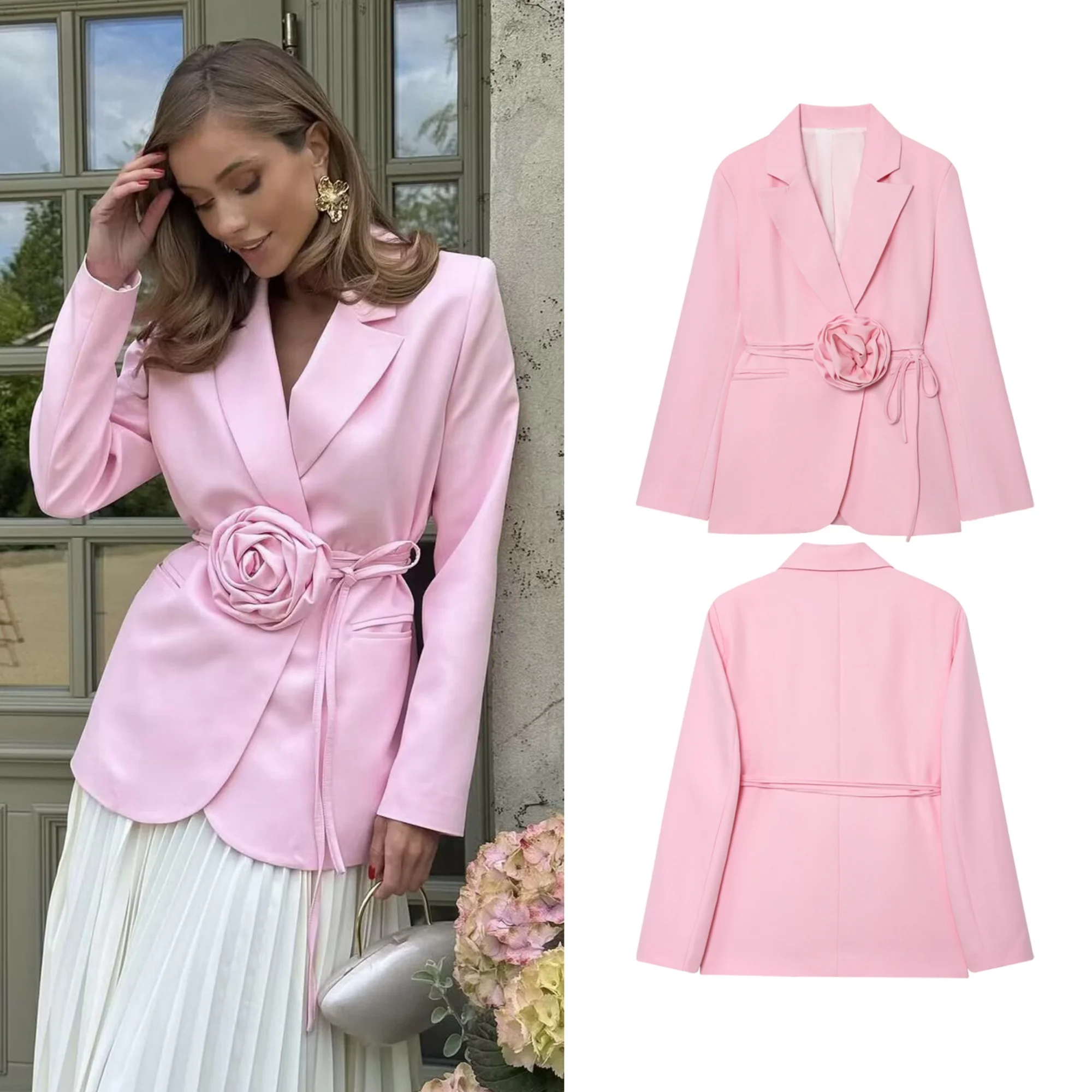 

Women Blazer Jacket Coat Women's Autumn Suit Jackets With Lapel 3Dimensional Flower Tie At Waist Cinched Waist Commuter Top