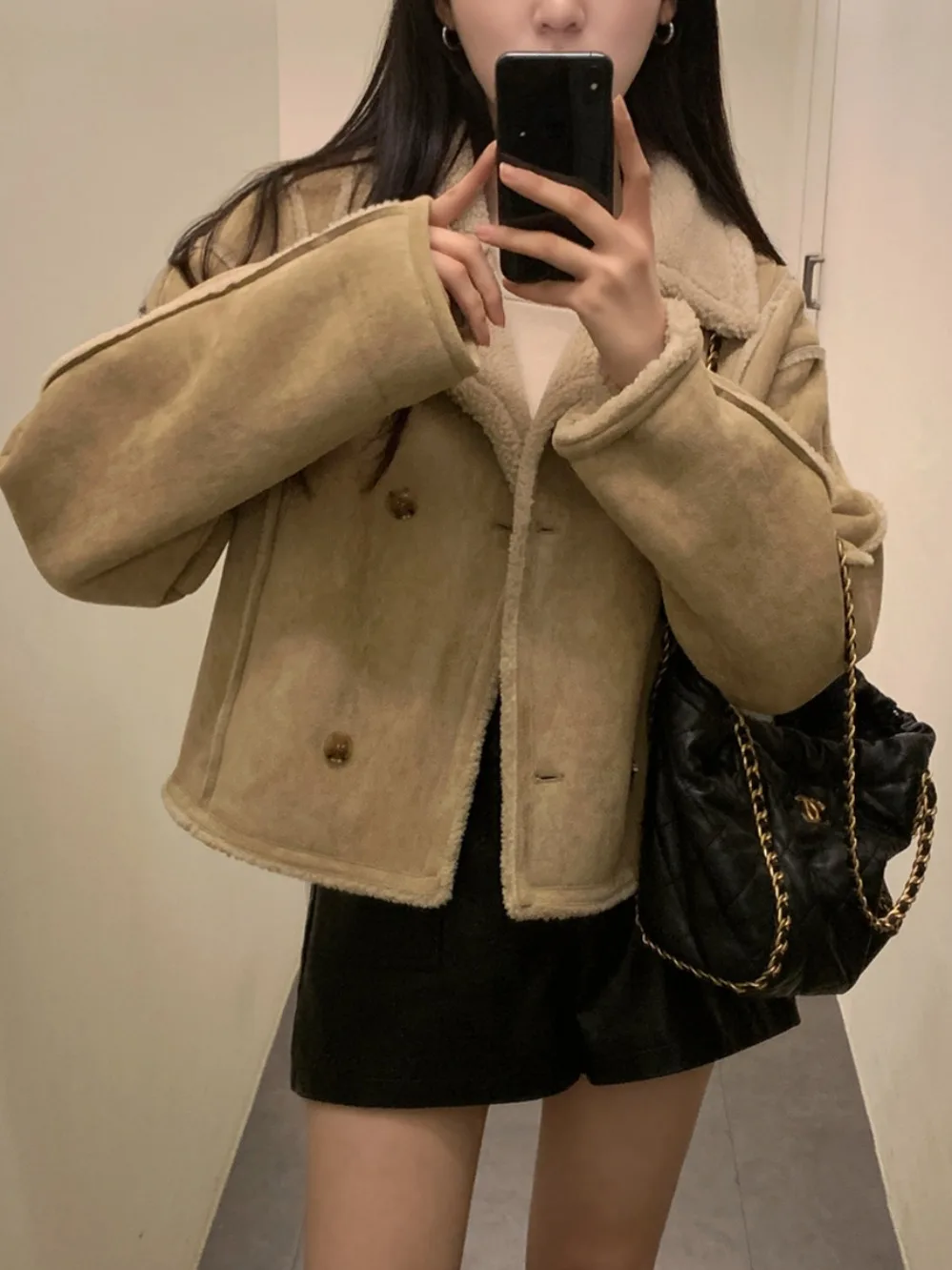 Двубортная свободная длинная бархатная куртка с воротником ягненка в стиле ретро Briti Sle, женская модная осенне-зимняя верхняя одежда