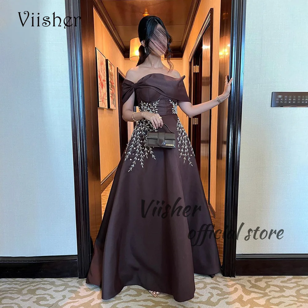 

Viisher Brown Evening Dresses Off Shoulder Beads Satin A Line Prom Dress Arabic Dubai Long Elegant Formal Evening Gowns