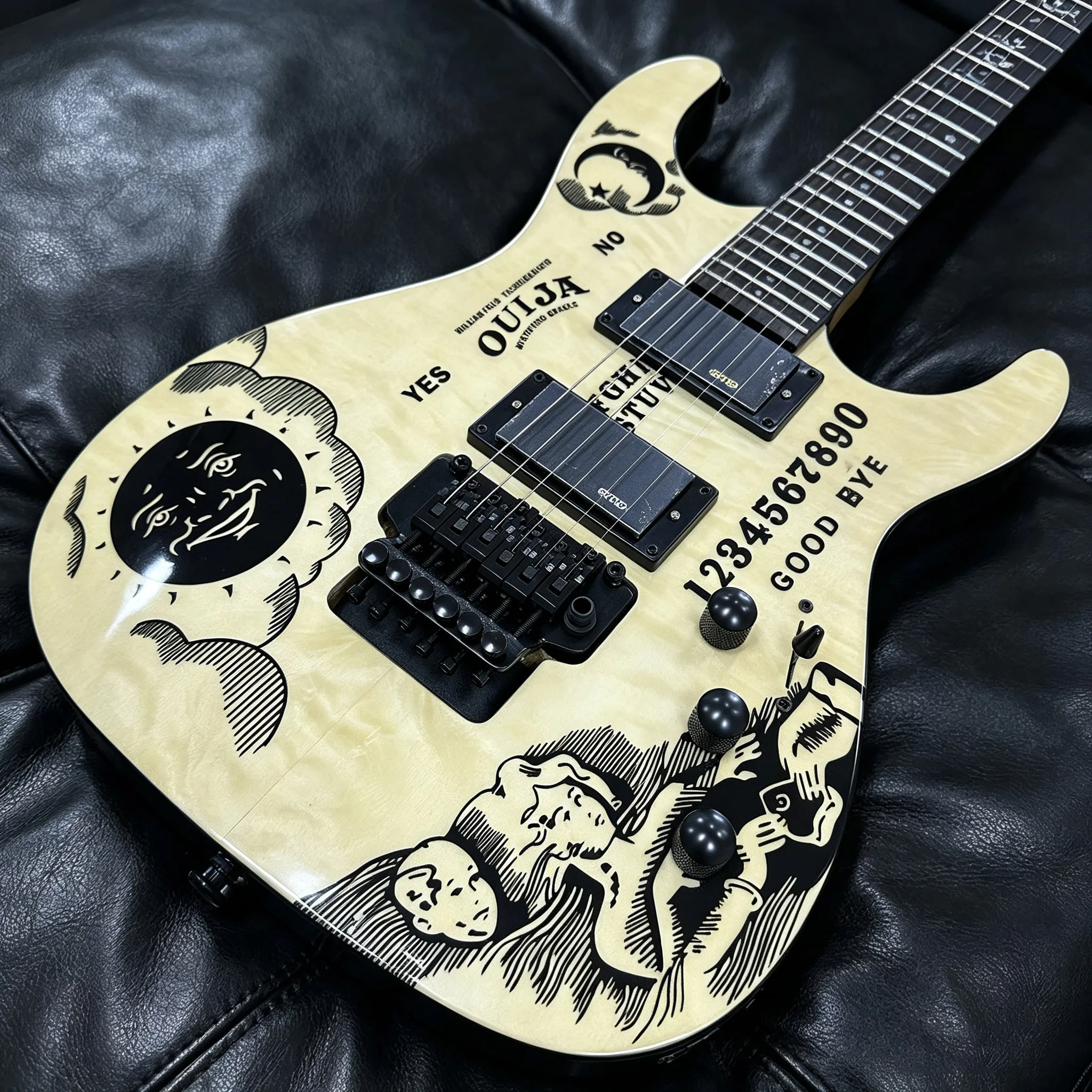 Electric Guitar Cream Water Ripple Maple Veneer Ouija Divination Pattern Dark Print Of Sun, Moon And Ghost Vintage Rock Style Moon And Star Inlaid Fretboard HH Humbucker Pickups Double Tremolo System Christmas Gift In Stock Free Shipping