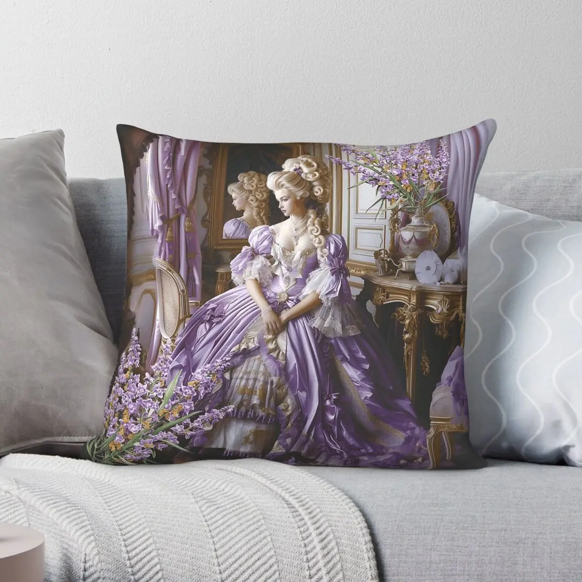 Marie Antoinette Lavender Queen Square Pillowcase Polyester Linen Velvet Printed Zip Decor Sofa Cushion Case