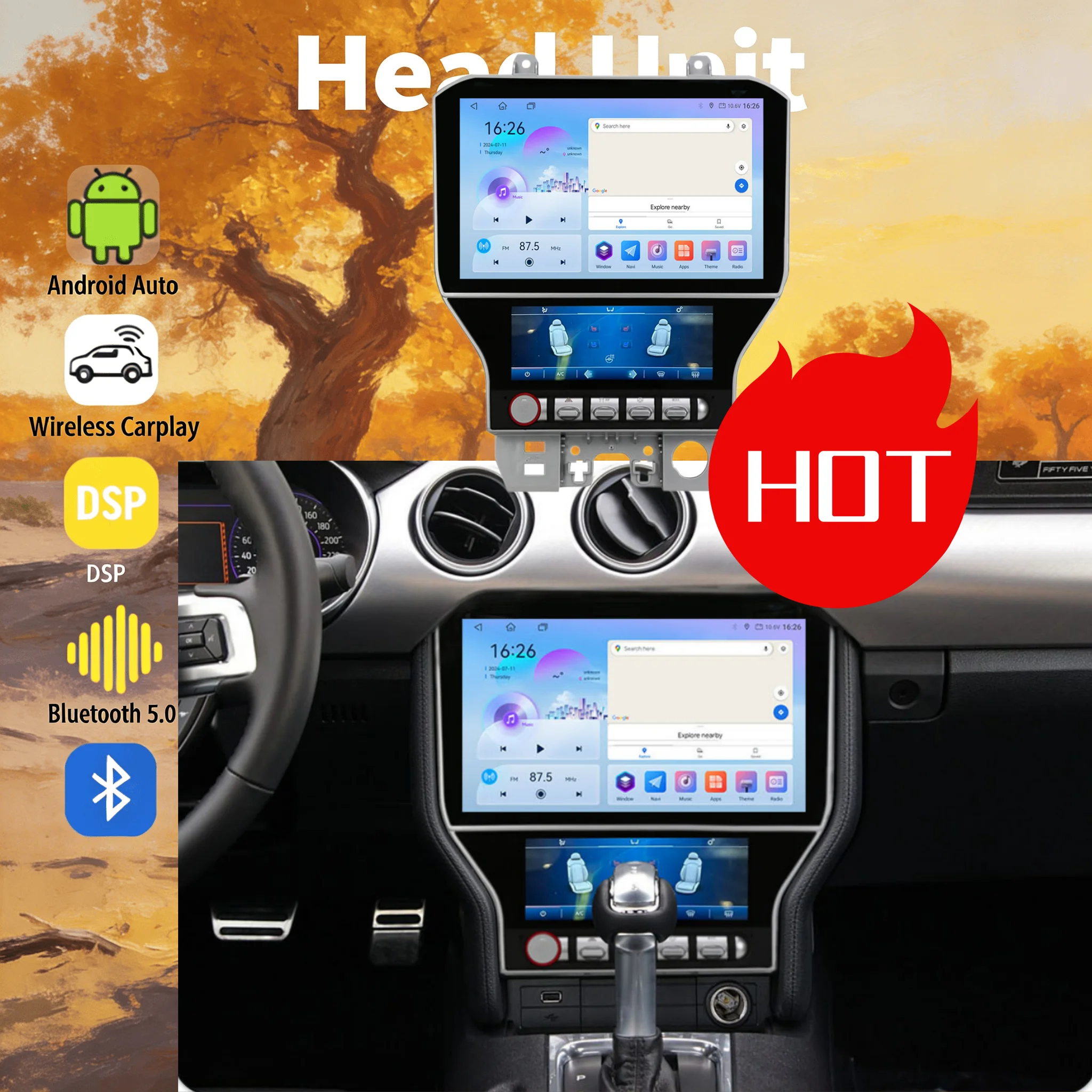 4G Multimedia Android 14 For Ford Mustang 2015~2018 Wireless CarPlay GPS Navi Air conditioning Screen Car Radio BT 5.0 Head Unit