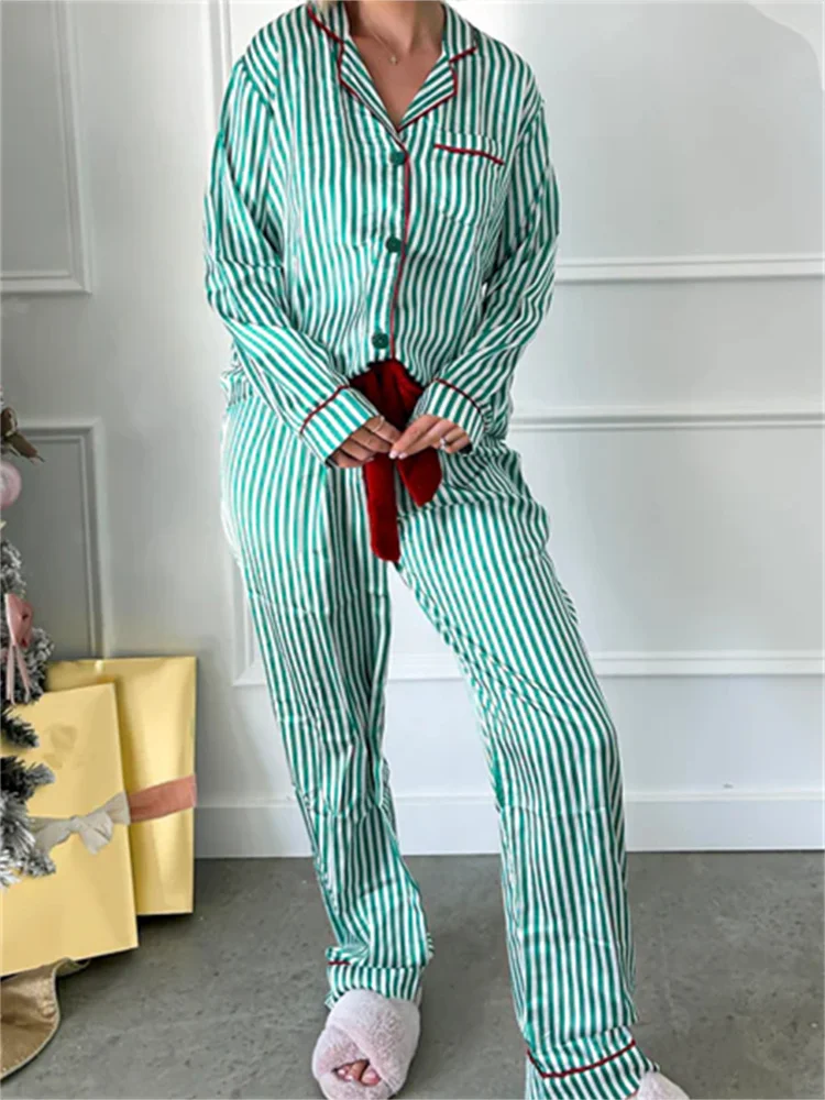 CHRONSTYLE Women 2pcs Christmas Striped Print Pajama Sets Long Sleeve Buttons Up Shirts Tops with Elastic Waist Pants Sleepwear