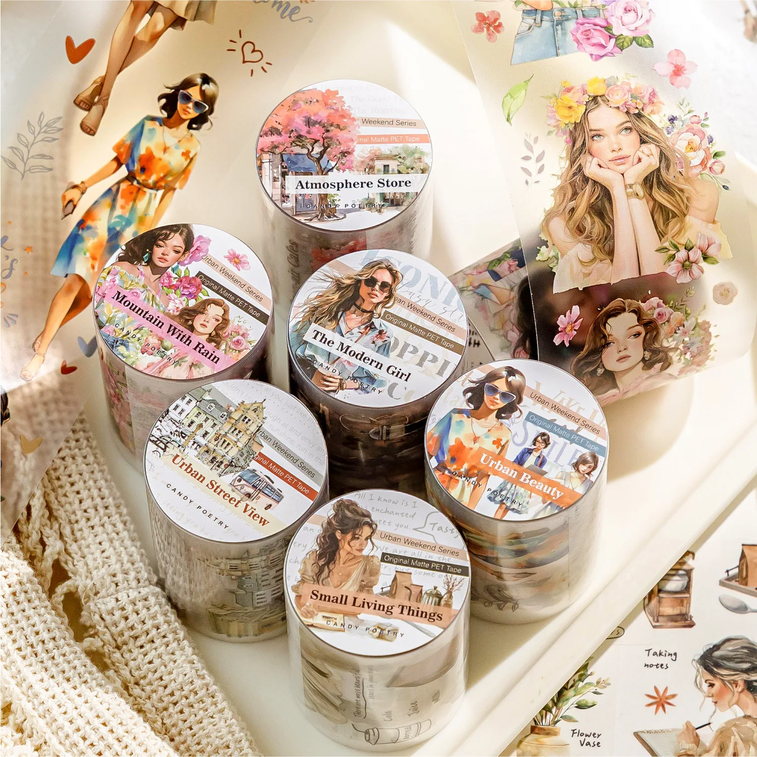 6 Styles, 200cm Per Roll, PET White Ink Tape, Retro Urban Weekend Girl Collage Scene DIY Handmade Material