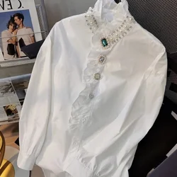 Chiffon Women's Shirts Loose Solid Office Lady Blouses Spring/Summer Ladies Clothing Fashion Beading Women Tops