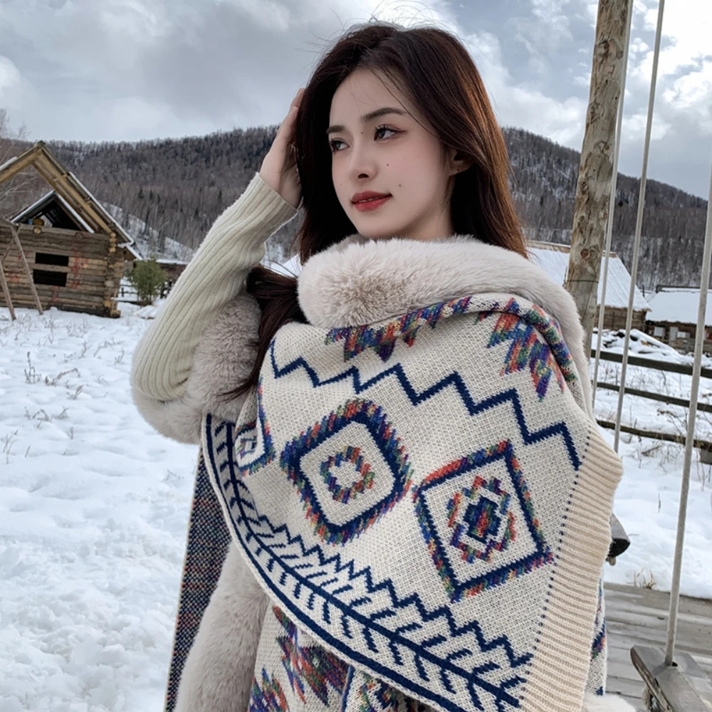 ethnic-style-cape-scarf-for-women-travel-outfits-shawl-with-furry-pom-pom-tassel-winter-warm-thicken-geometric-printed-scarves