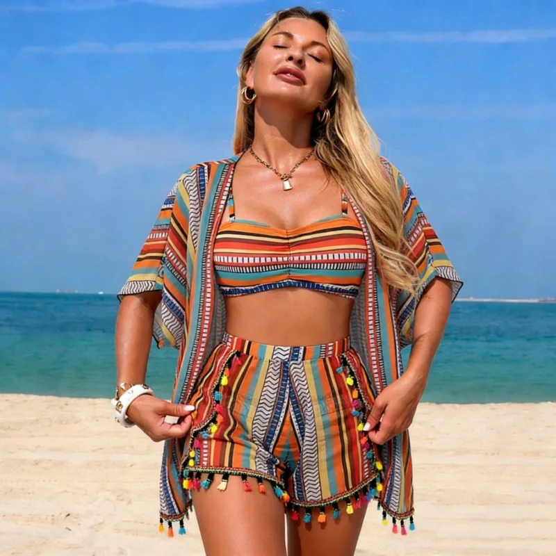 2026 New Women's Two-Piece Swimsuit Sexy Bikini with Padded Bra Without Underwire Set Chiffon Printed Four-Piece Set