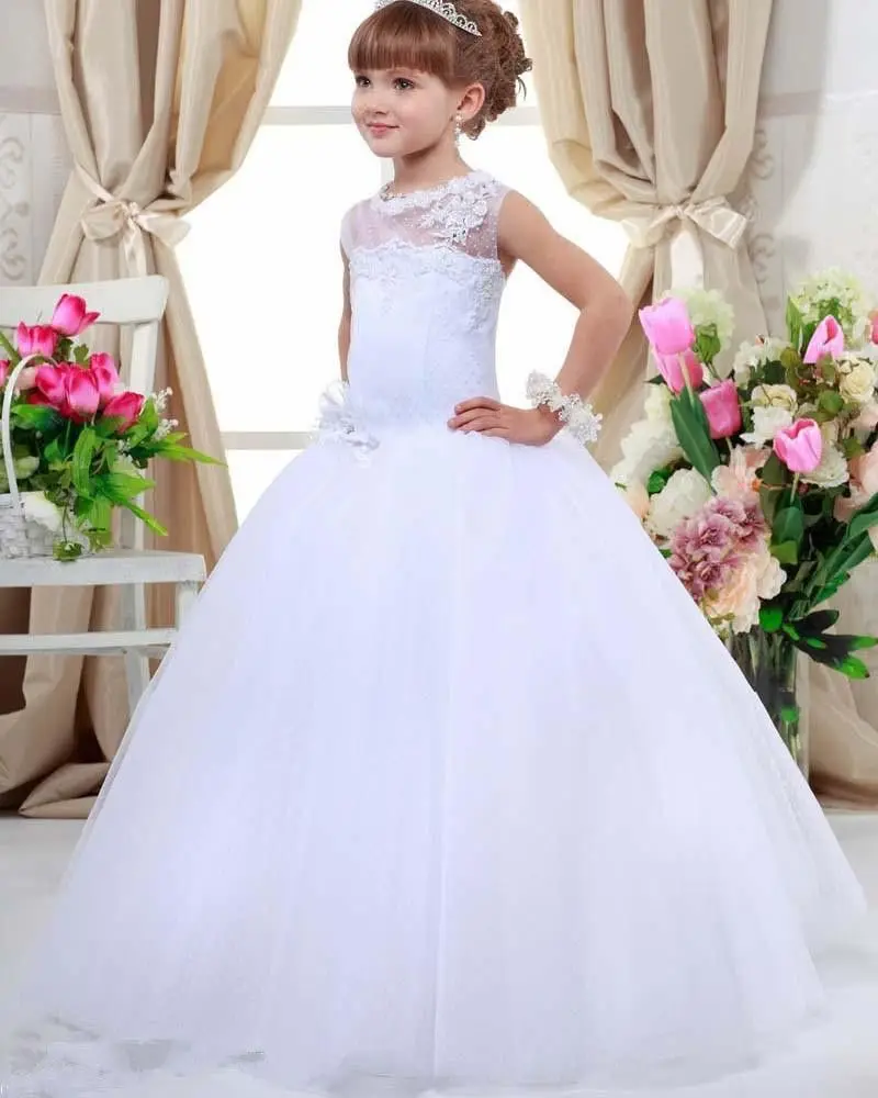 

White Flower Girl Dresses for Wedding Tulle Princess Kids Baby Floor-Length Evening Party First Communion Little Bride Ball Gown