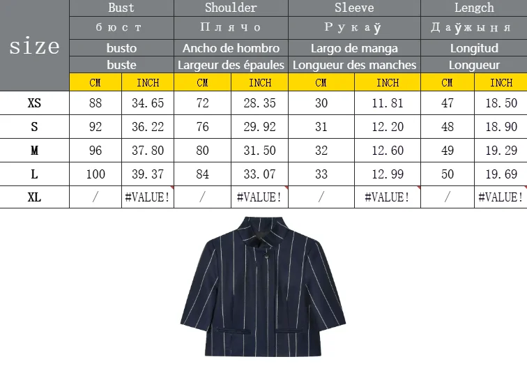 Damen Blau Gestreiftes Cropped-Blazer-Hosen-Set Damen Stehkragen Kurzarm-Jacke Gerade Hose Sommer Mode Damenanzug – Detail 1