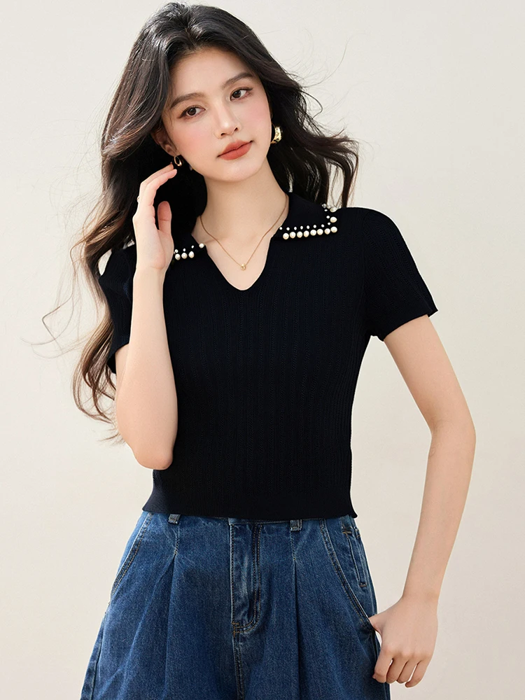 

2025 Summer Short Sleeve T-Shirt Women Knitted T-shirts Pullover Tops Korean Style Elastic Casual Knit Tee Female T-Shirts