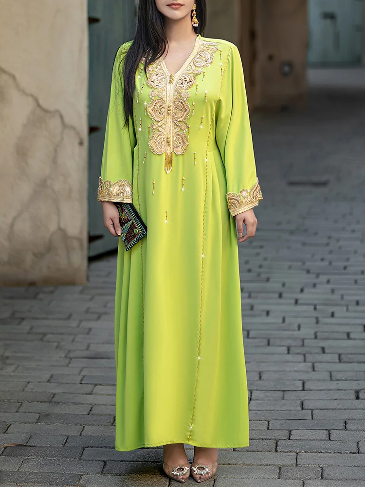 

Mia Muse Ramadan Essentials Women's Muslim Luxury V-Neck Abaya Kaftan Appliques Beading Dress