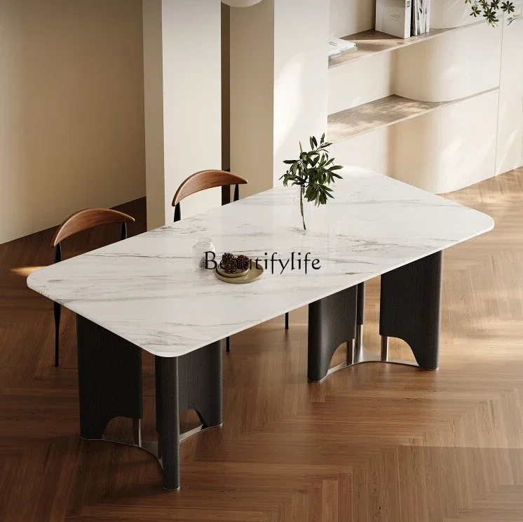 

Italian minimalist rock slab small apartment dining table modern simple high-end ash wood solid wood stainless steel