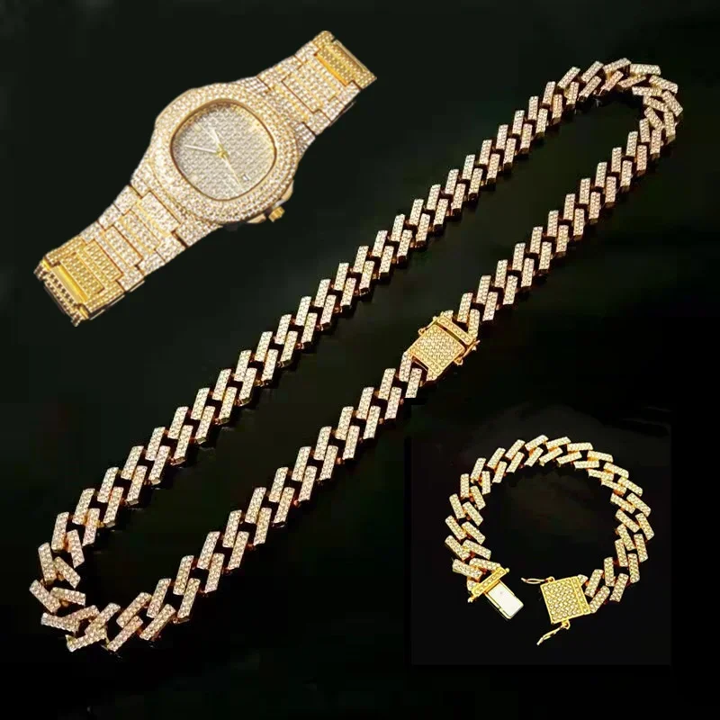 Набор украшений Iced Out: часы, ожерелье-чокер, браслет в стиле хип-хоп Miami Cuban Chain, золотистые, с крупными стразами, для мужчин и женщин