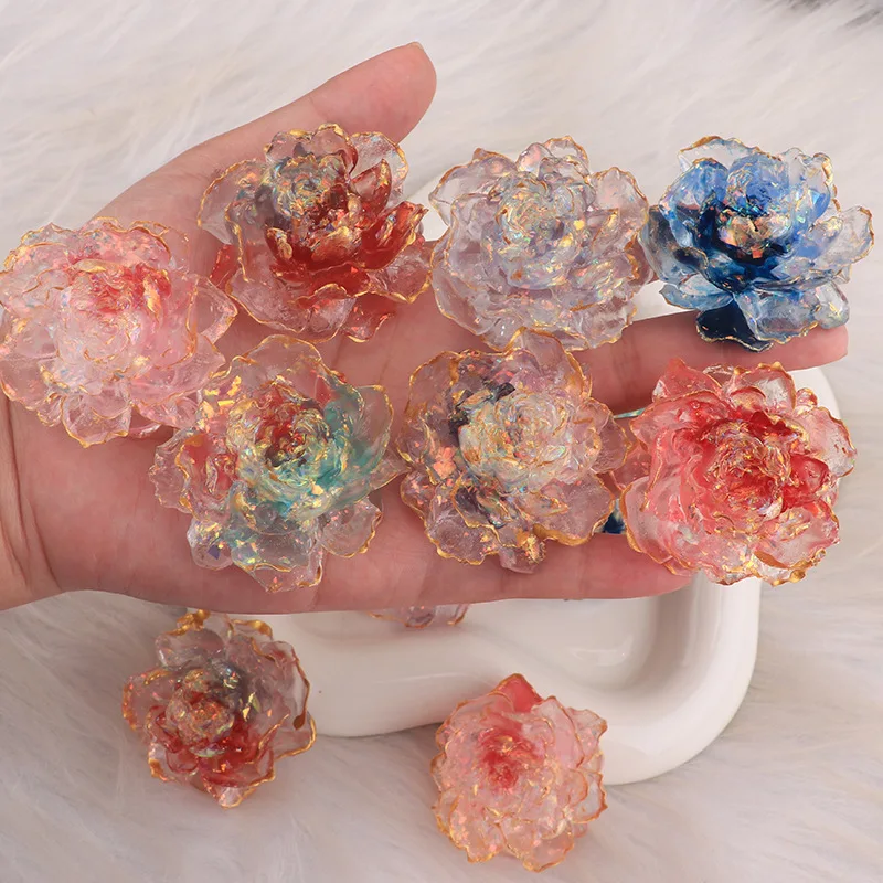 20PCS Sparkling Dyeing Gold Plated Peony 48MM Resin Colorful Luminous Jewelry DIY Phone Case Storage Box Hair Clip Accessories