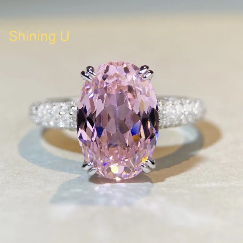 

Shining U S925 Silver High Carbon Daimond 9*13mm 6CT Pink Oval Gems Ring for Women Fine Jewelry Wedding