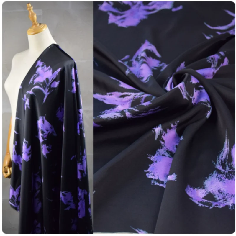 Black Bottom Purple Smudge Big Flower Print Thicken Imitation Acetate Satin Fabric, Dress Trousers Cheongsam Sewing Tissue, T124