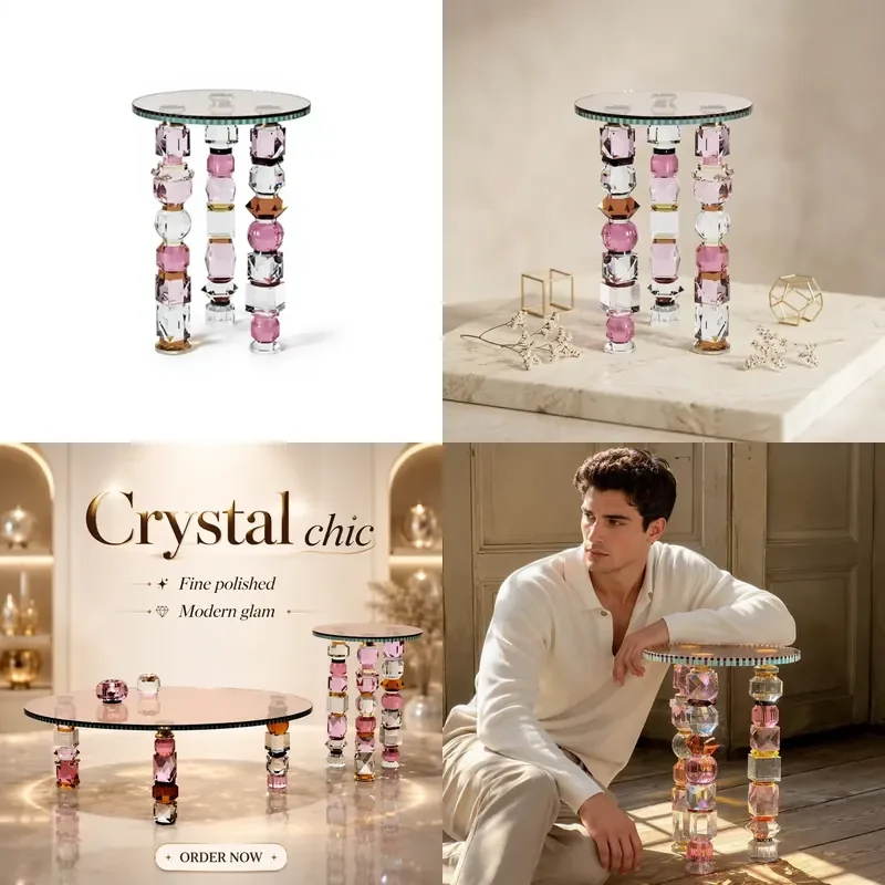 Crystal Azalea Side Table Hand Cut Multicolor Crystal Round Glass Top Accent End Table for Living Room Home Decor