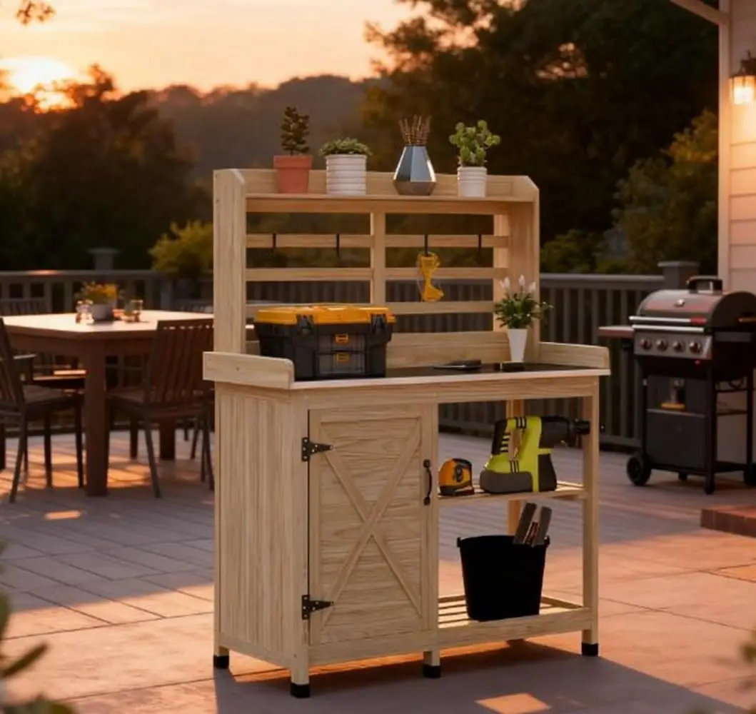 Wooden Garden Potting Bench with Storage Shelves & Plant Stand for Patio Backyard, Heavy Duty Outdoor Workstation, Customized