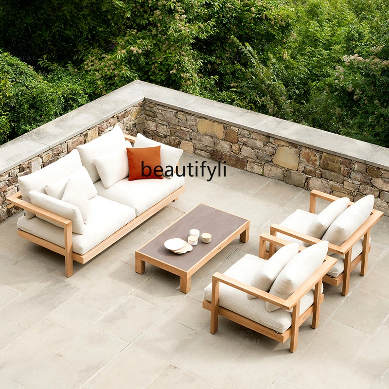 Outdoor Solid Wood Sofa Villa Leisure Combination Rattan Chair Solid Wood Coffee Table Outdoor Living Room Courtyard Furniture