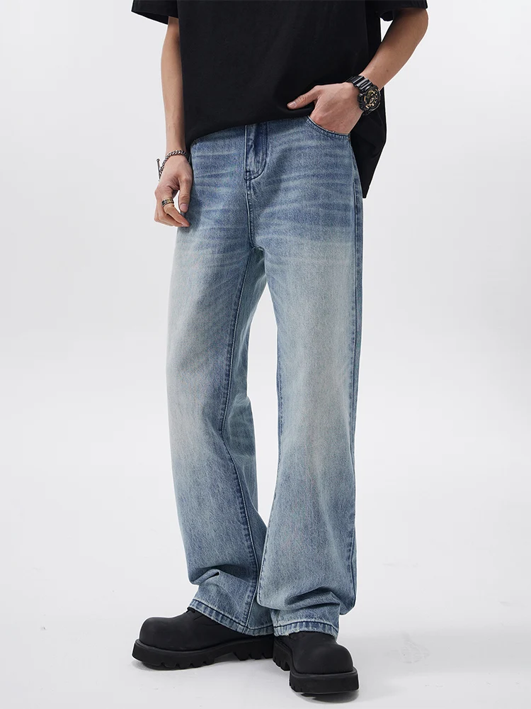 

Мужские джинсы Chan Month в американском стиле ретро, светло-голубые, летние модные широкие брюки, прямой крой, повседневная одежда из смеси хлопка и полиэстера