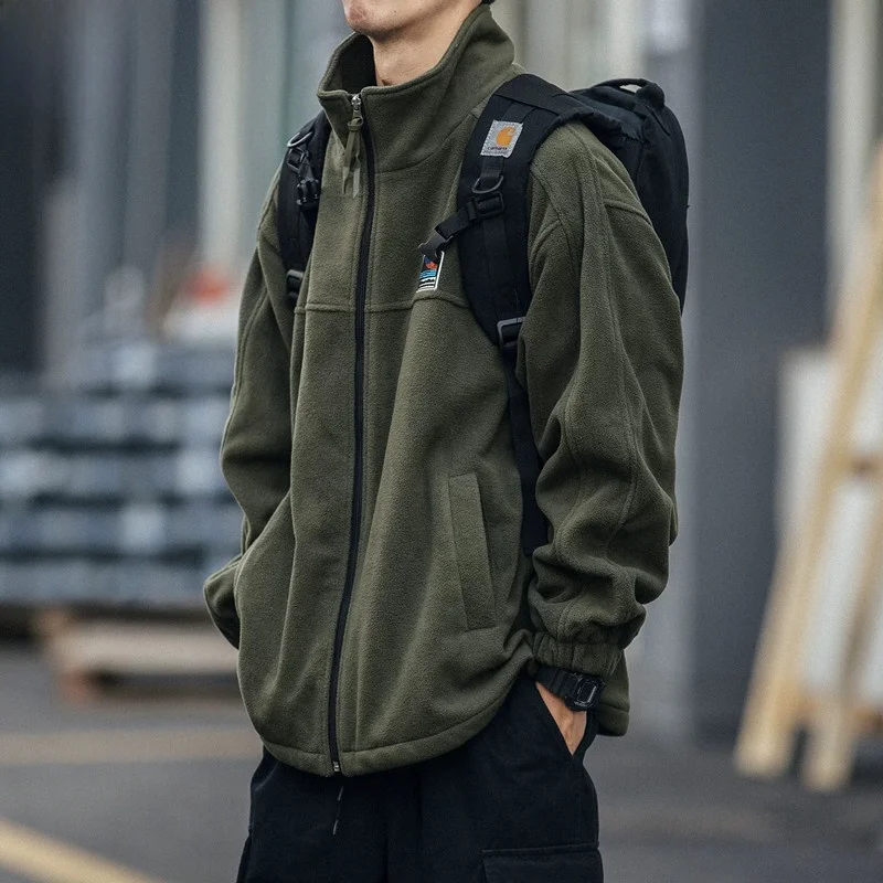 

Casual Fce Lined Stand Collar Jaet for Men Loose Fit Street Sle Retro Windbreaker Coat Youth Polyester Fiber Zipper Cl...