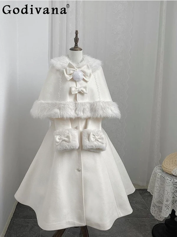 

2025 Winter Japanese Original Lolita Heavy Craft Cloak Sweet Elegant Girl Warm Thick Woolen Mid-Length Coat