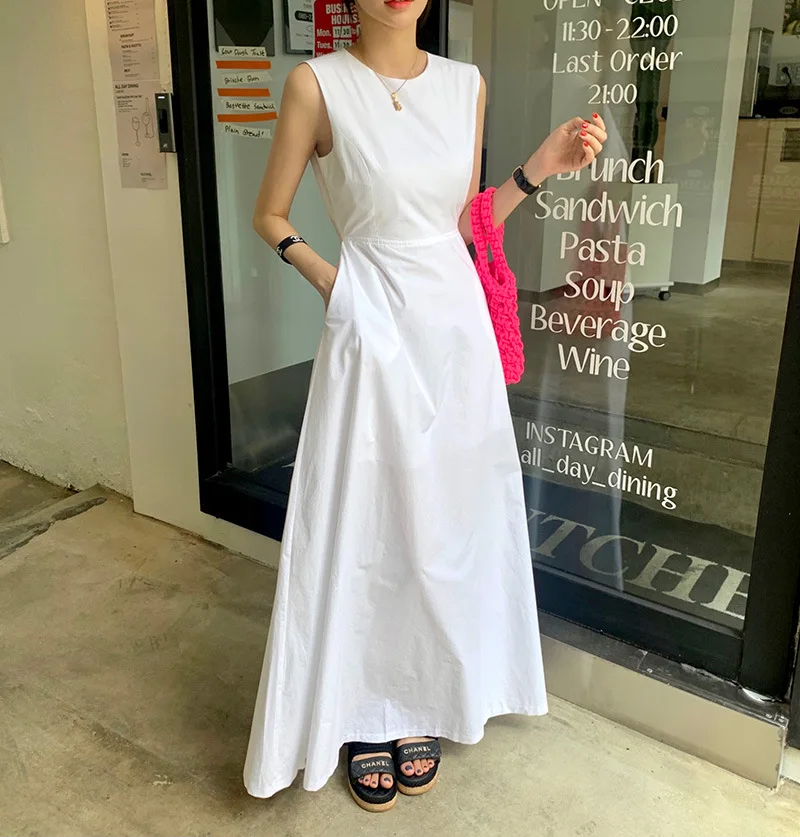 여성 백리스 원피스, 슬림해 보이는 조끼, 롱 스커트, 단색 디자인 센스, 여름 신상