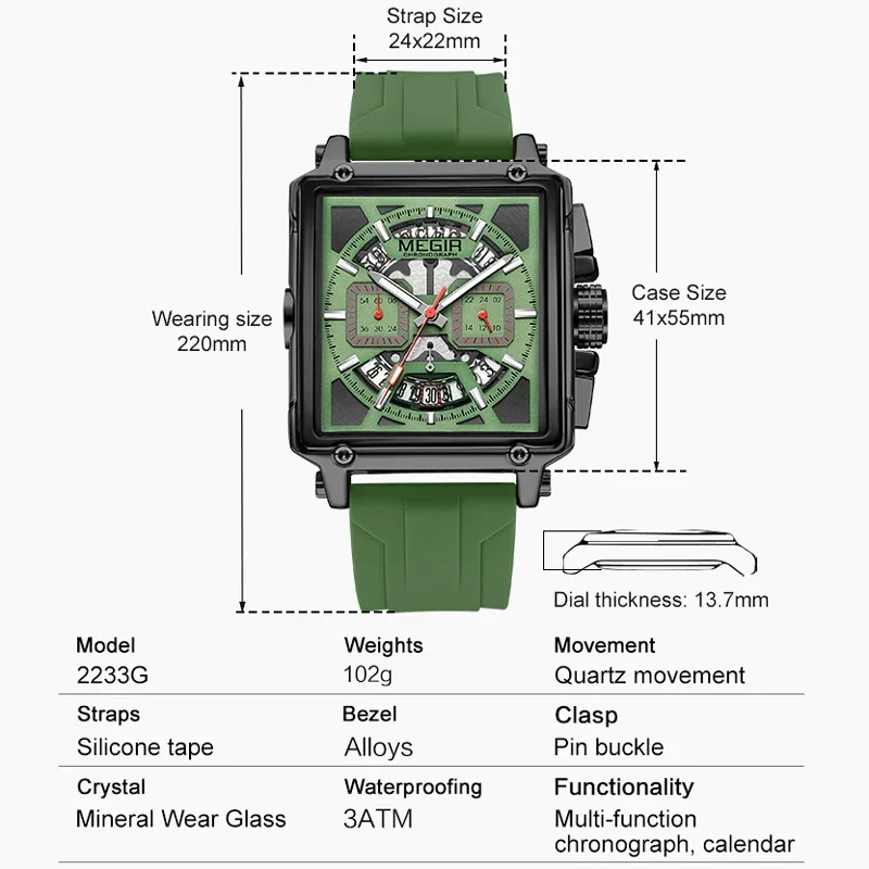 MEGIR 2233 Fashion Silicone Strap Luxury Square Watch Men's Watch Disc Quartz Chronograph Calendar Waterproof Watches for Men