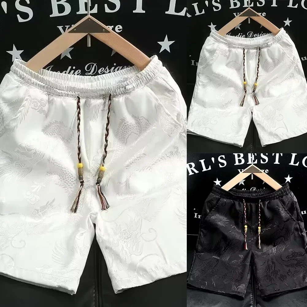 Breathable Shorts Breathable Casual Shorts M White Men Knee Shorts Loose Fit Pentagram Design Solid Pattern Summer Wear