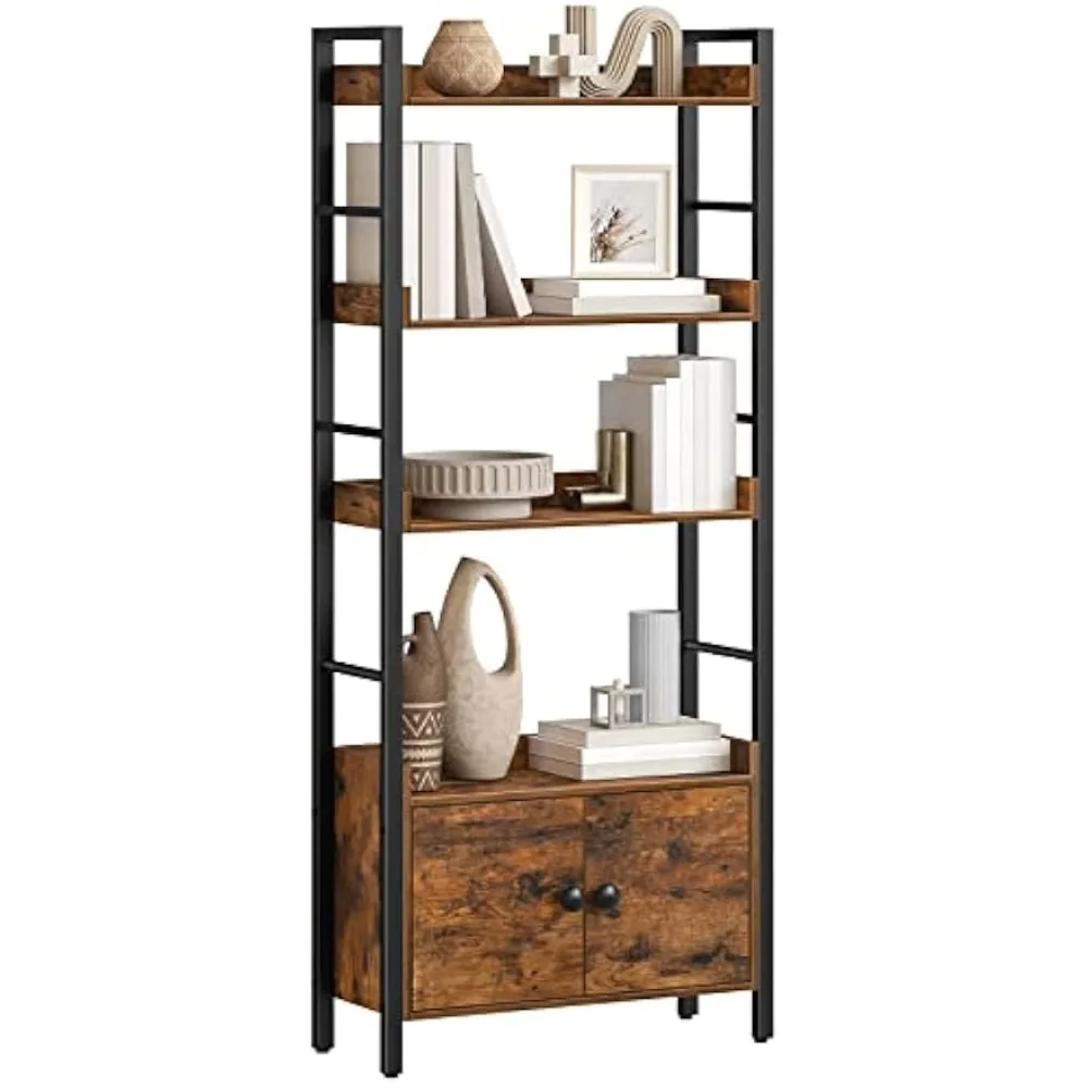 

4-Tier Industrial Wooden Bookcase with Doors, Storage Shelf, 23.6L x 9.4W x 60.6H, Protective Cover