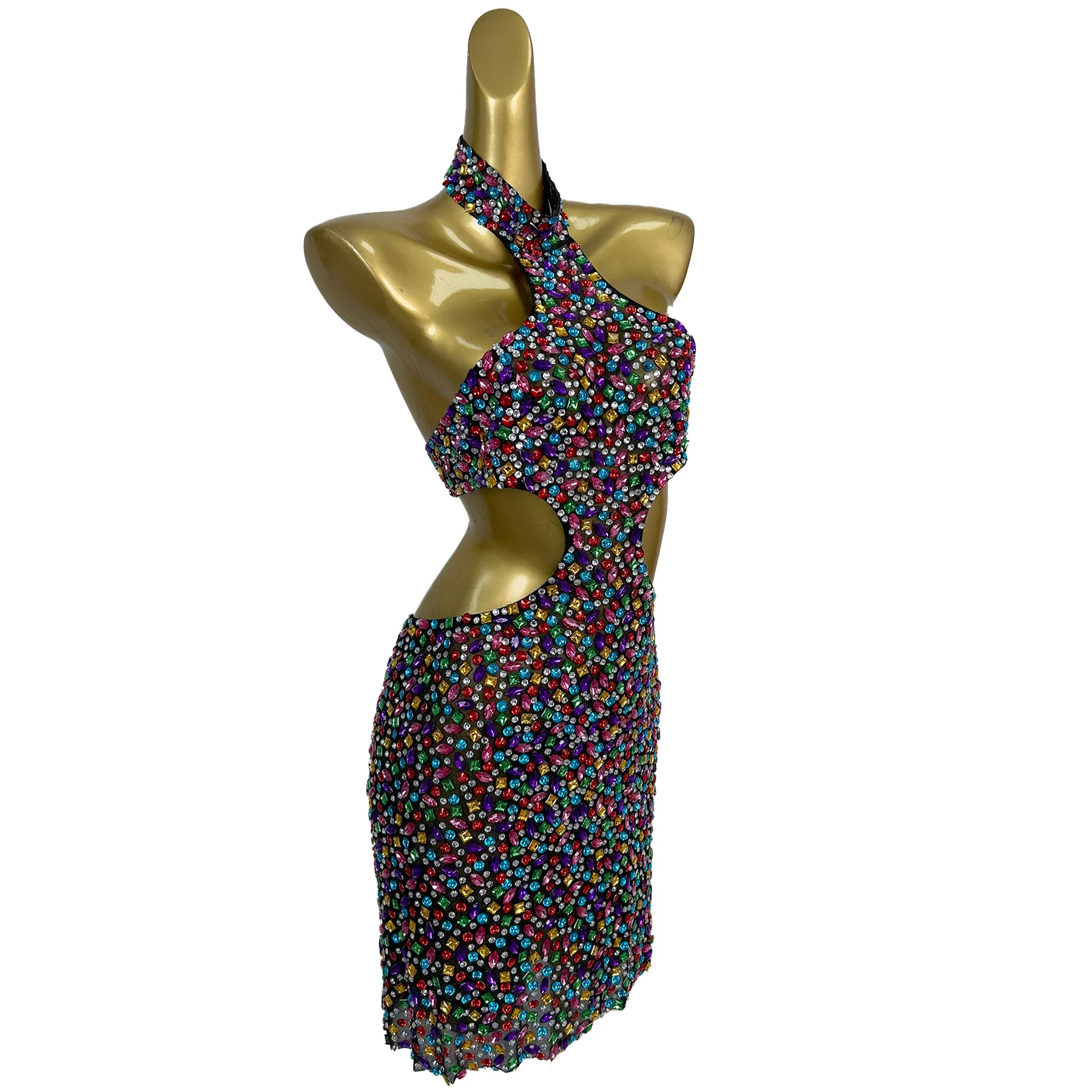 Nihongdeng-vestido Sexy con diamantes de imitación de colores brillantes, vestido colgante con cuello hueco, disfraz de actuación de Bar, vestidos de cóctel y graduación de cumpleaños