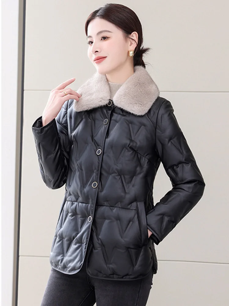 Nueva chaqueta de invierno de cuero de las mujeres de Down Moda de piel de visón real cuello de piel de oveja Abrigo de plumas Casual gruesa ropa de abrigo Split Cuero