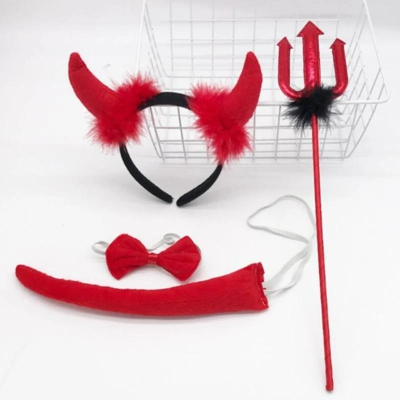Y5GC 4PCS Trang phục quỷ Phụ kiện Bowtie Devils Horn Headband Red Pitchforks đuôi
