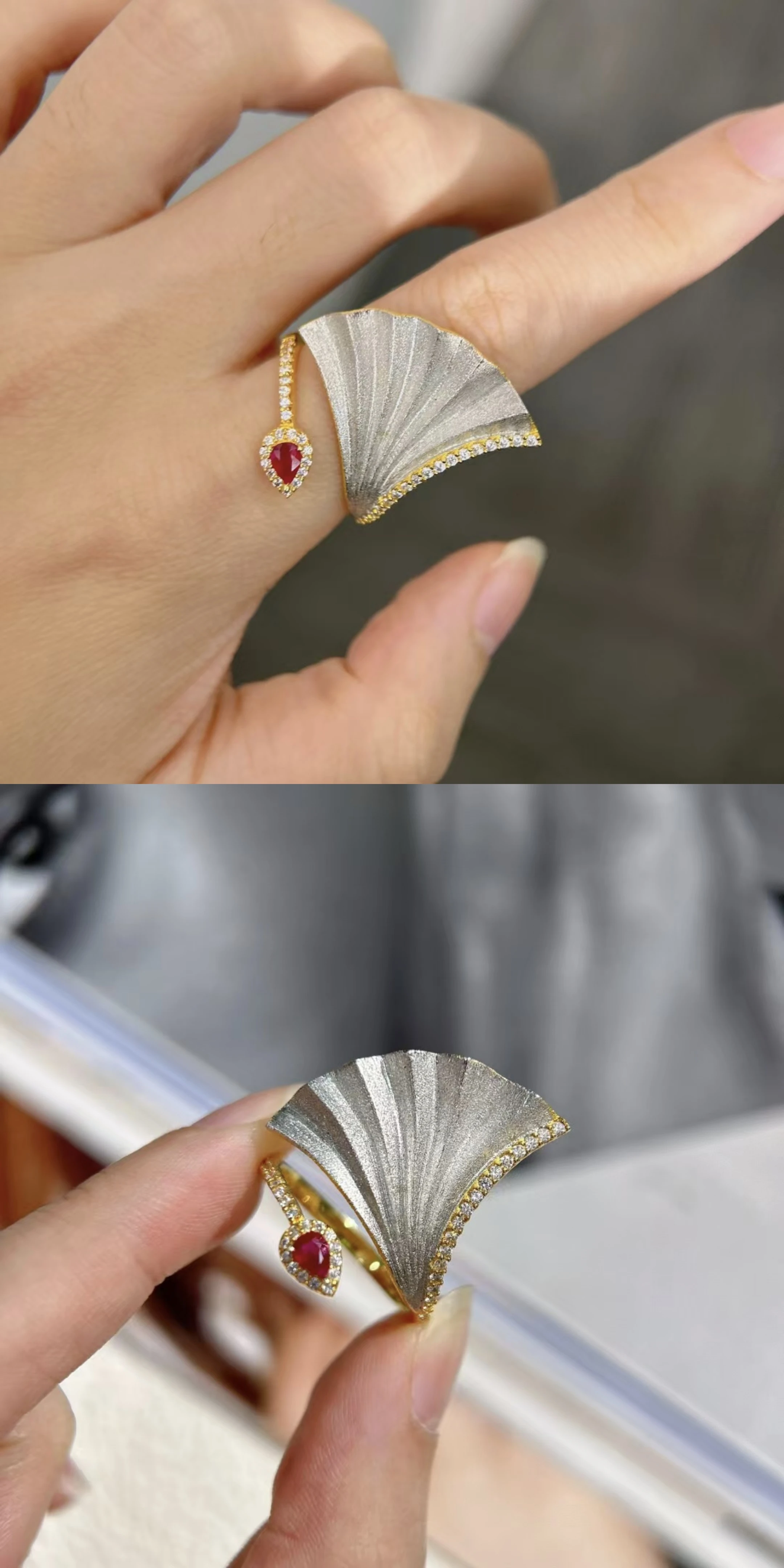 

Certificated 925 Silver Natural Ruby 0.2ct Ginkgo Leaf Cocktail Ring Rigato Brushed Plant Chunky Band Perosnality Art Jewelry