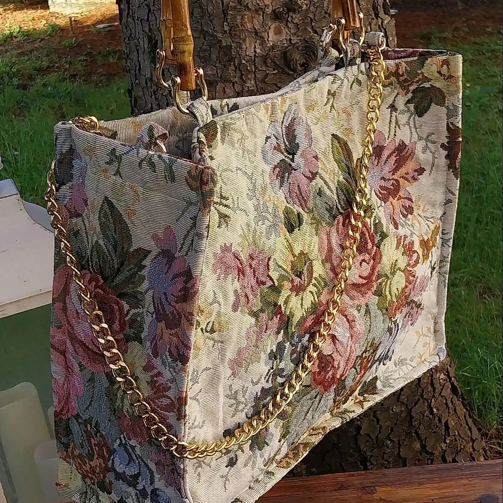 Lost in Vintage Jacquard Top Griff Tragetasche Upper Handle Clutch Tote Bag Floral Big Bag Bamboo Handle 40x10x33cm Bolso estamp