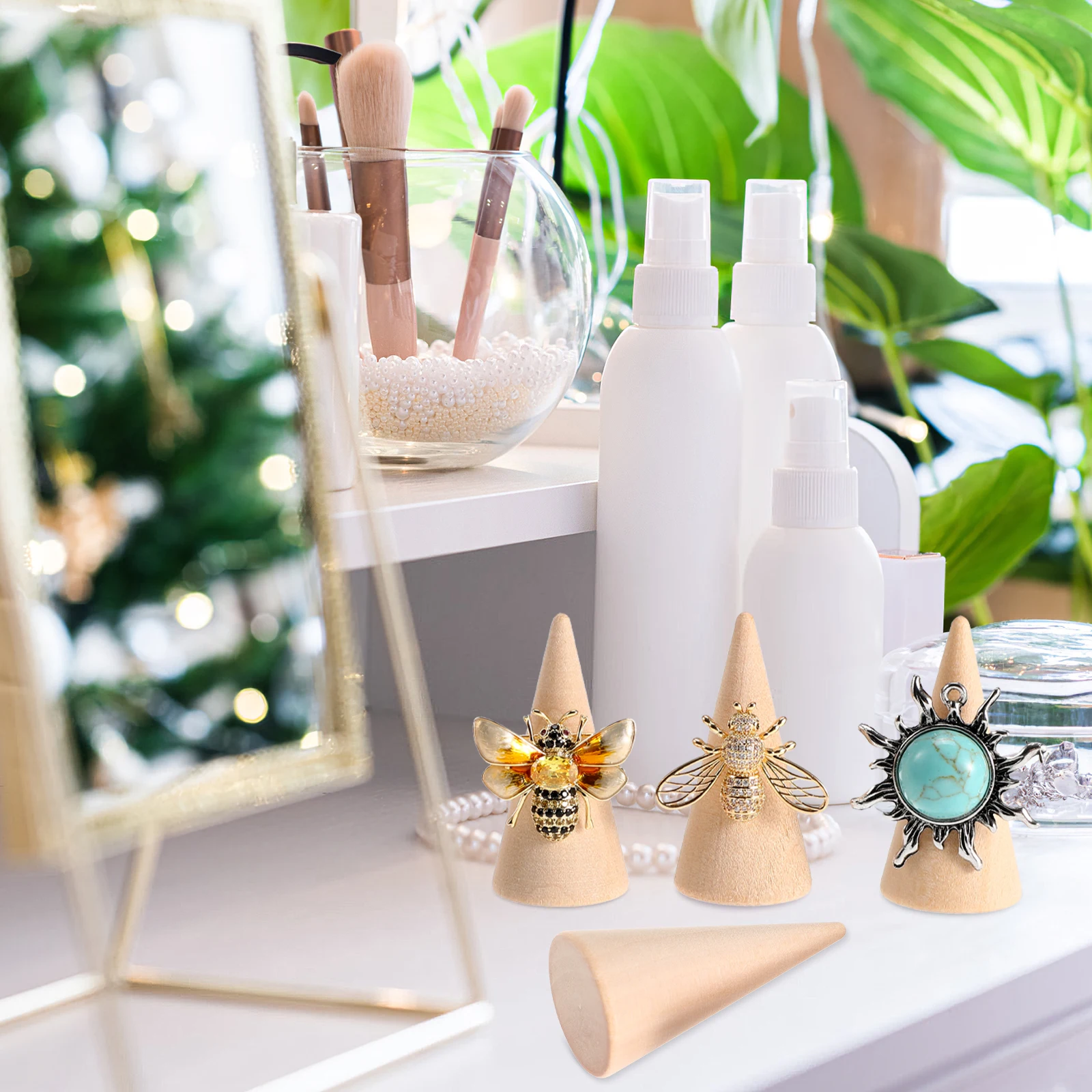 

20pcs Wood Cones Rings Display Stands Holder Craft Project Jewelry Rack Ornaments Desktop Counter Showcase Glass Cabinet