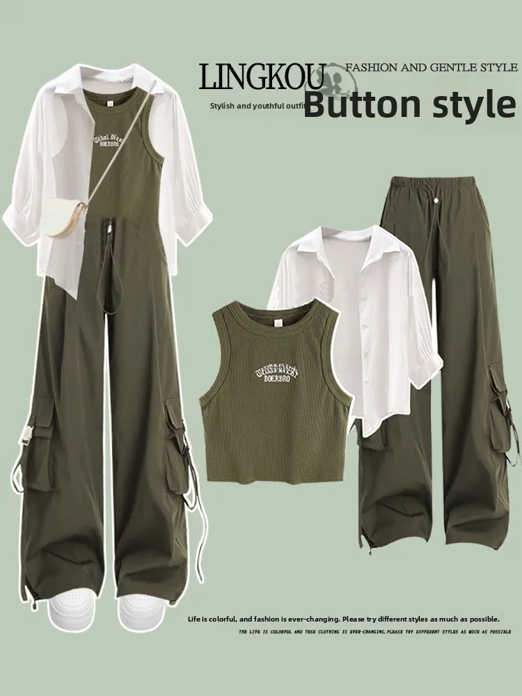 

Fashionable High Waist Wide Leg Printed Set Summer Sun Protection Shirt with Vest Casual Long Pants Three Piece Set for Women