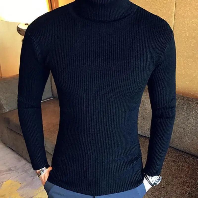 Suéter de cuello alto ajustado para hombre, jersey de manga larga de Color sólido con tira Vertical, estilo europeo y americano, novedad de 2022