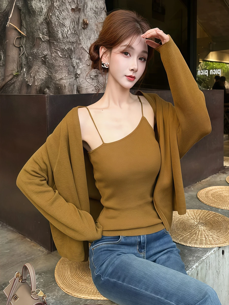 

Korean Style Knitted Open Cardigan Women's Fashion Slimming Two-Piece Set Spring Autumn New Arrival Versatile Strap Vest