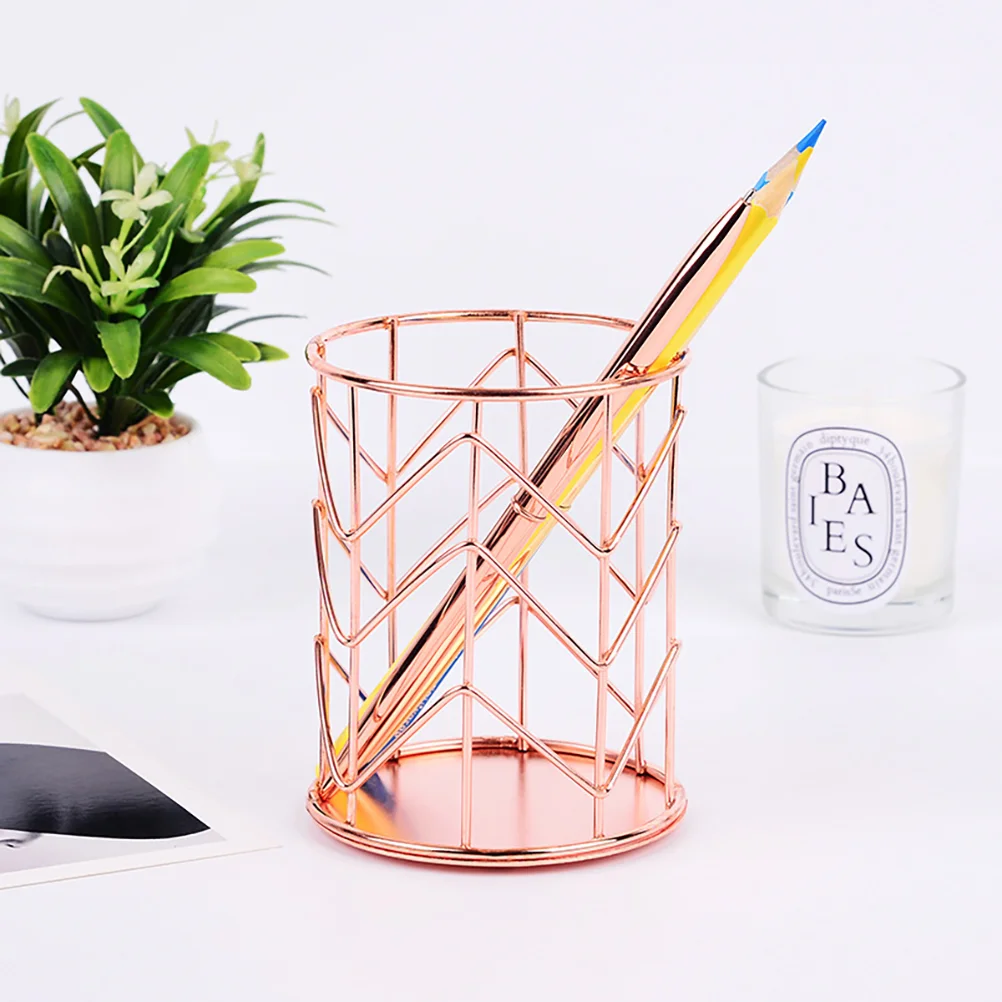 Pen Cup Holder for Desk Wrought Iron Storage Tube Makeup Brush Organizer Face Golden Office