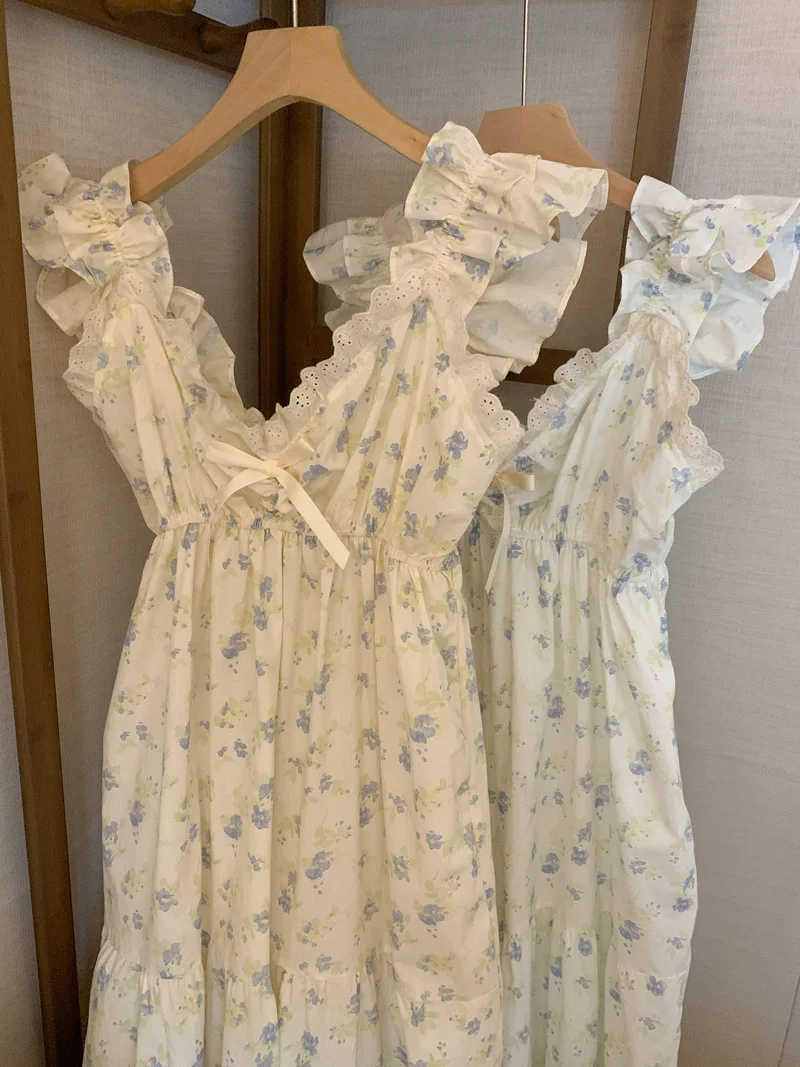 Blue Flowers Print Summer Night Dress Women Strapless Sling Long Sleepwear Nightgown Cotton Ruffles Elegant Sleeveless Bow Soft