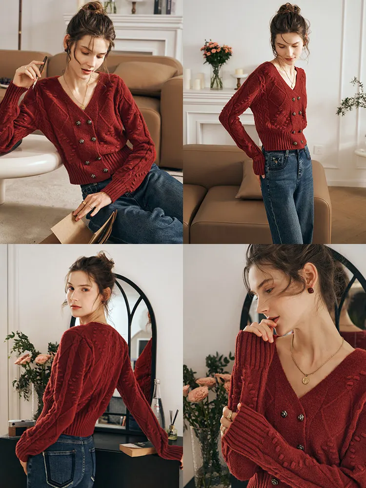 OLrain سترة الشتاء النسائية 2025 خمر الخامس الرقبة متماسكة سترة الإناث الفرنسية أزرار معدنية سليم صالح السيدات لاعبا O57QM85392