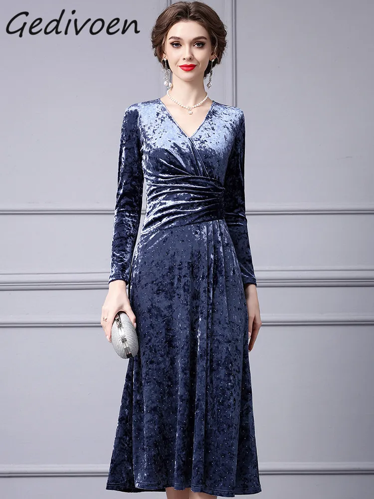

Gedivoen Autumn Fashion Designer Blue Elegant Party Dress Women's V Neck Long Sleeve Diamonds High Waist Slim A-LINE Long Dress