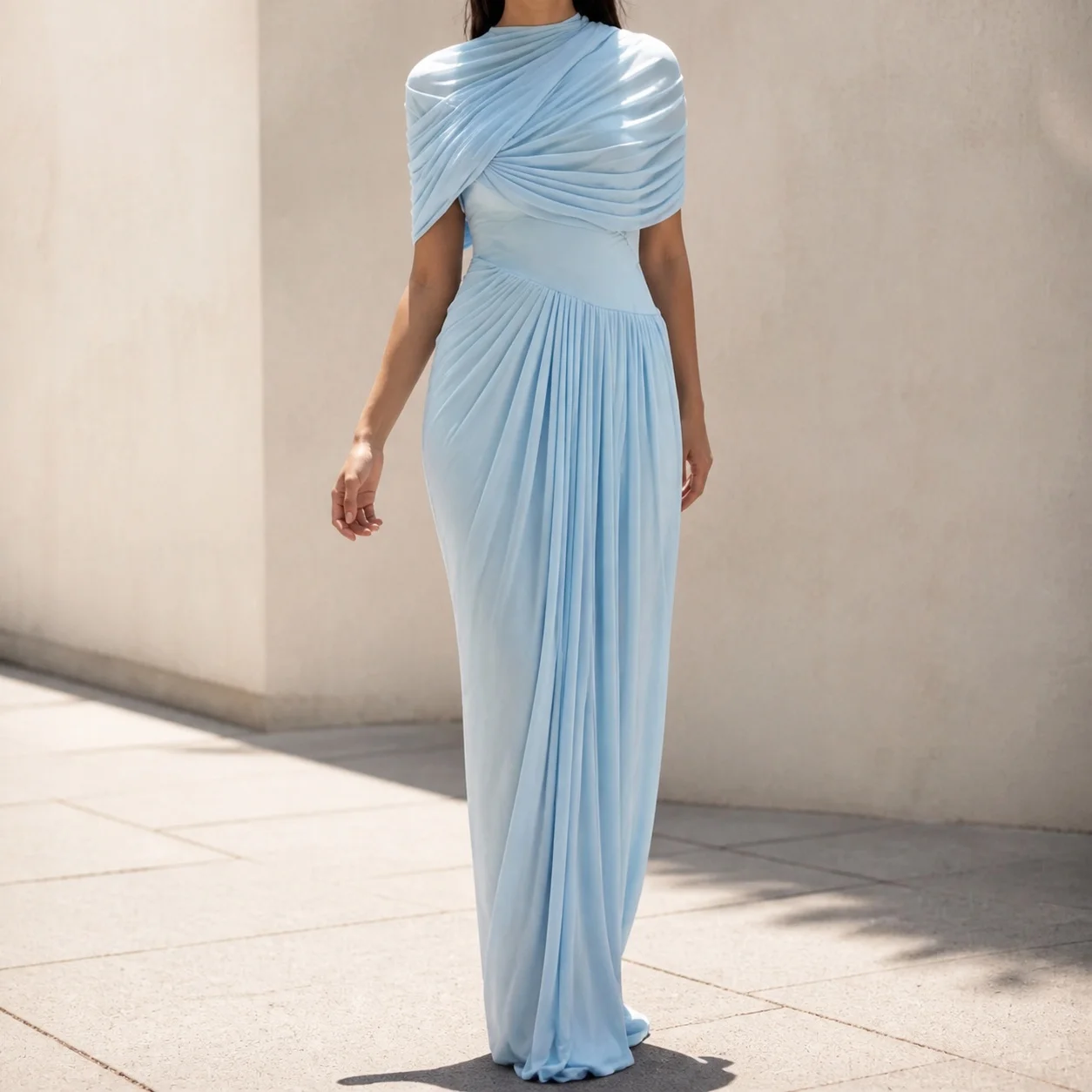 Women's Elegant Pleated Wedding Guest Dress for Summer Party Long Sleeveless Round Neck Solid Color Ruched Wrap Low Waist Dress
